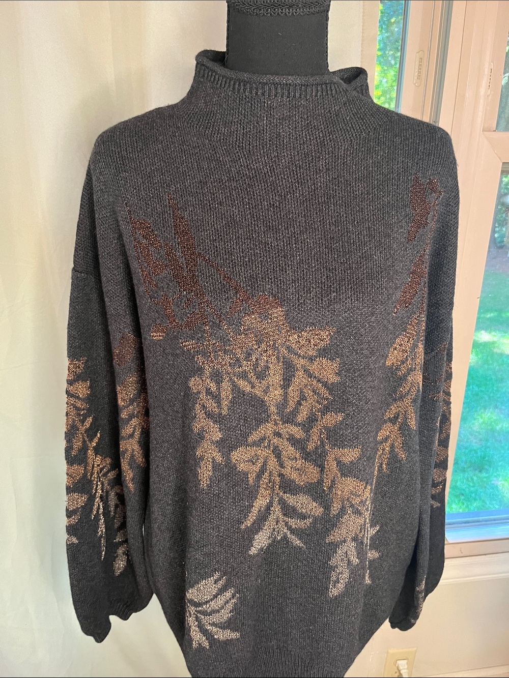 Garnet Hill Black Turtleneck Sweater with Bronze Leaf Motif